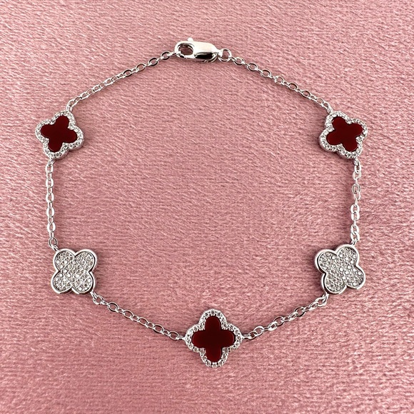 925 Solid Sterling Silver Luxury Maroon Red Clover Bracelet - Picture 1 of 5